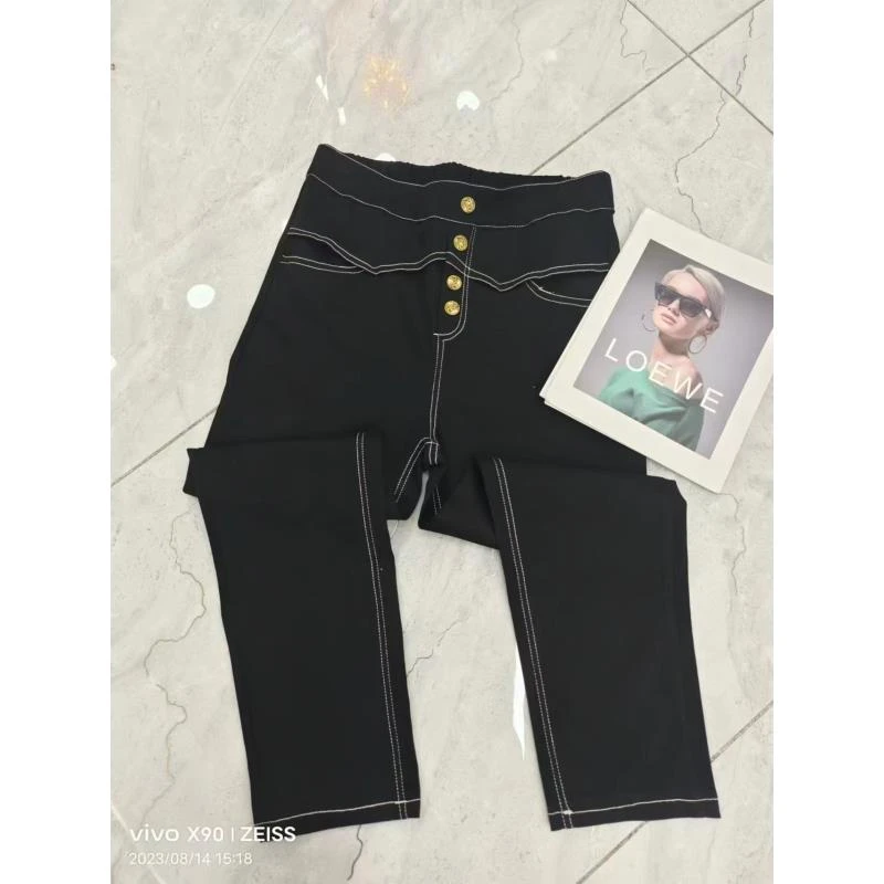 明线休闲显瘦小黑裤女大码女款薄绒百搭显瘦小直筒时尚女裤