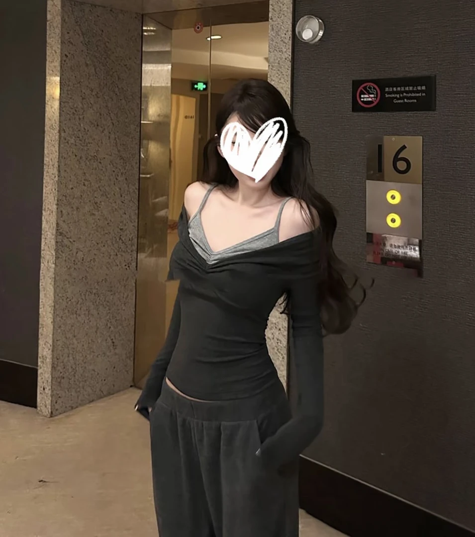 （芭蕾少女）微胖MM纯欲绑带长袖女气质显白修身遮肉打底衫百搭上衣