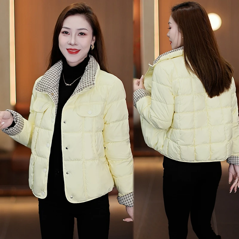 设计感格纹拼接棉服女2025冬季新款加厚保暖小个子面包服短款外套