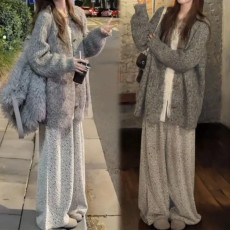 2025秋季新款洋气套装女韩系纯色长袖外套+高腰阔腿裤两件套