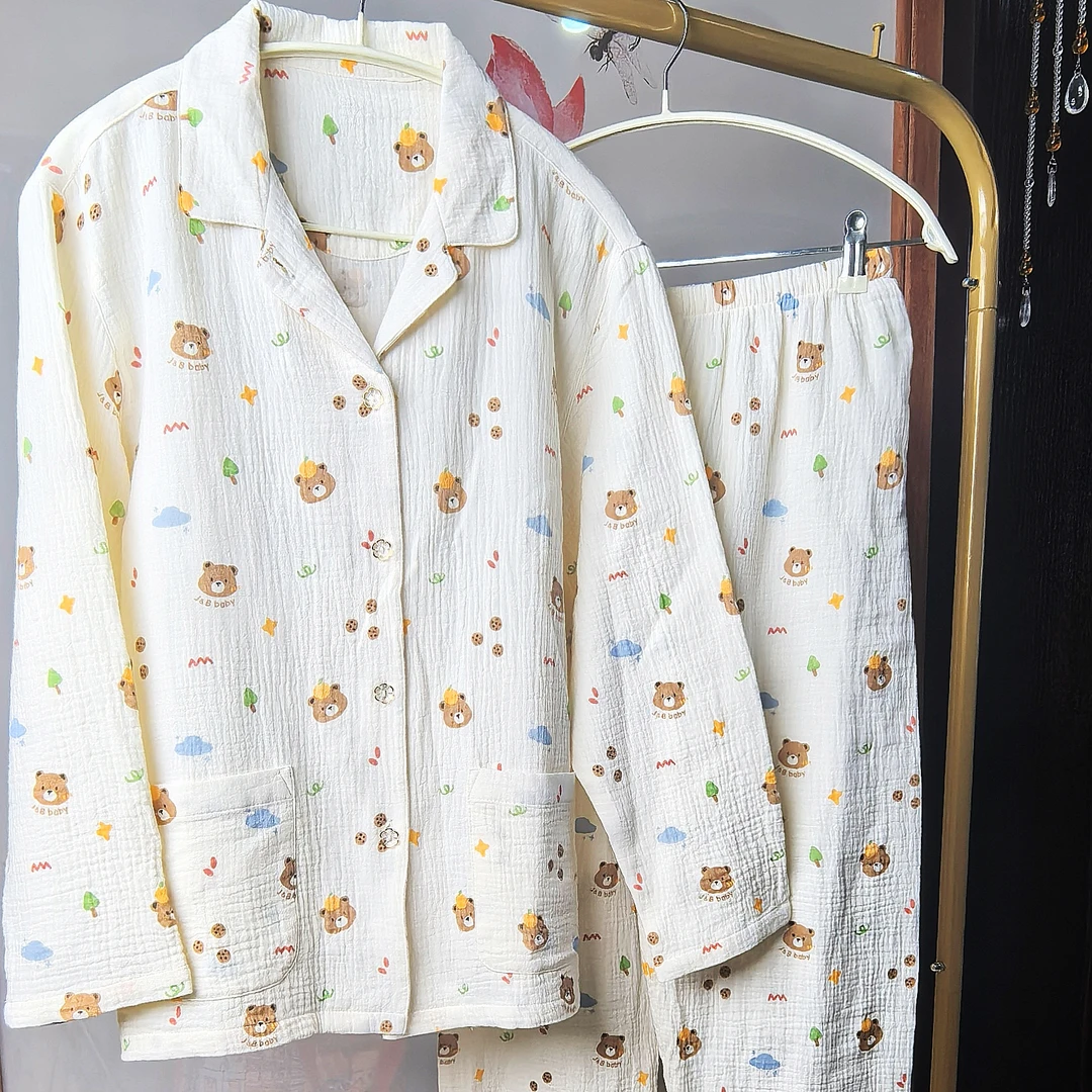 纯棉薄款皱布纱女款家居服夏季长裤睡衣全棉套卡通长袖居家服套装