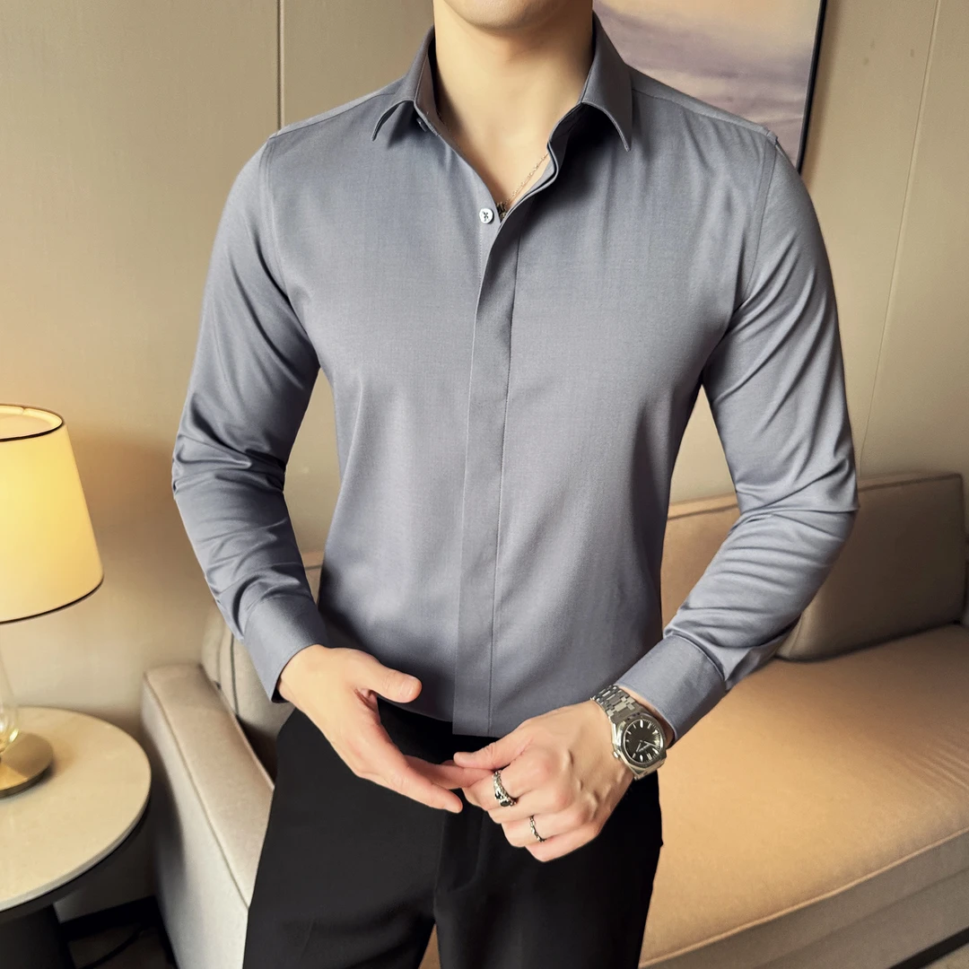 高档礼盒装羊毛暗门襟长袖衬衣休闲衬衫男士潮流修身纯色春秋商务