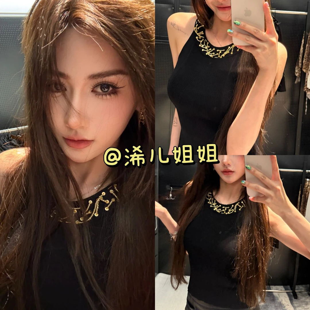 小香风名媛金色钉珠挂脖针织吊带背心