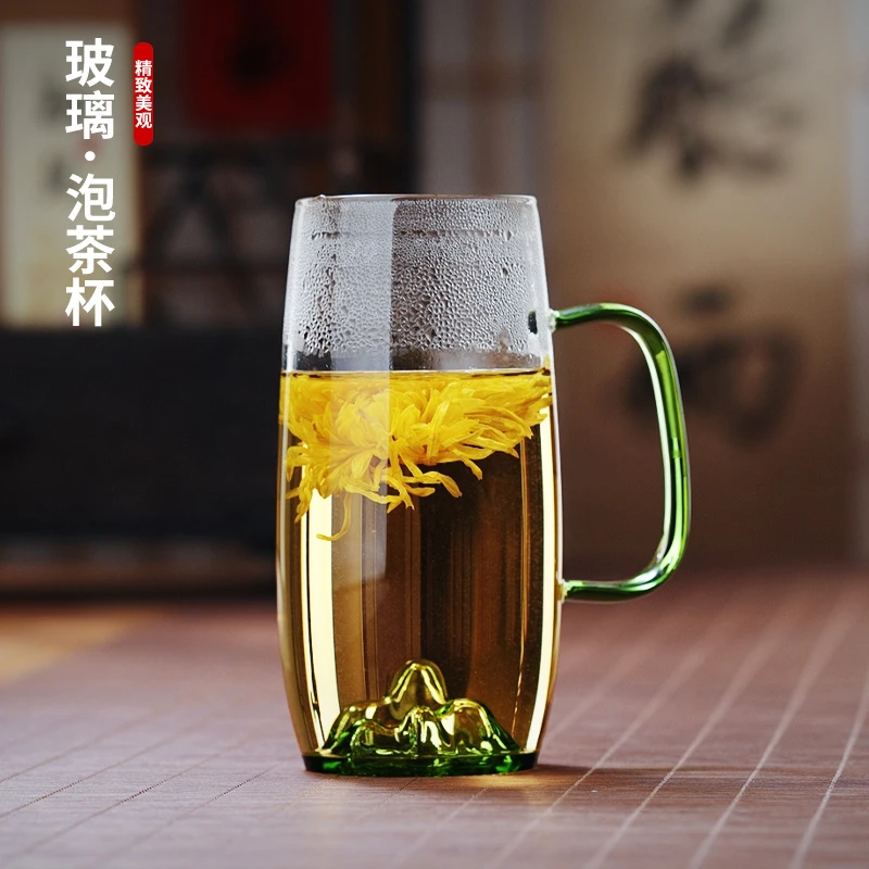 厚底玻璃水杯绿茶杯彩色把手个人专用透明观山杯