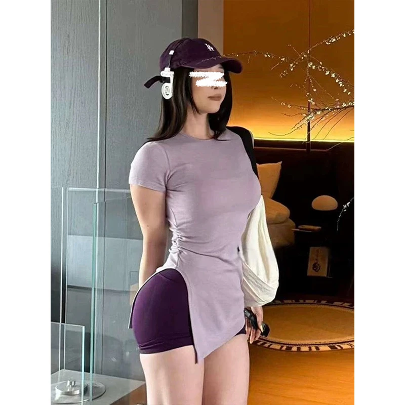 Moses Queen/魔西女王不规则开叉短袖圆领T恤时尚性感夏季休闲风