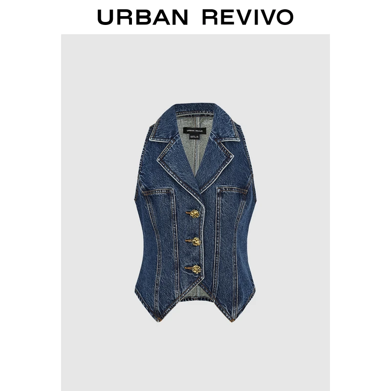 UR2025夏季金属扣饰牛仔衬衫女新款时尚无袖上衣波嬉风UWG850068