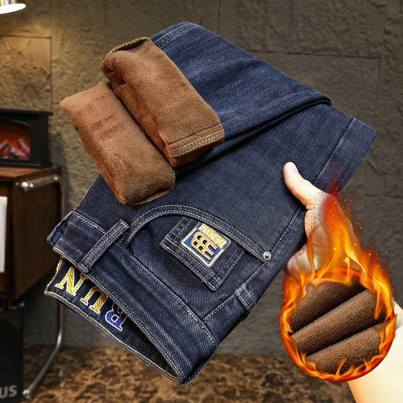 秋冬季爆款加绒加厚牛仔裤男士弹力修身直筒裤刺绣时尚百搭裤子男