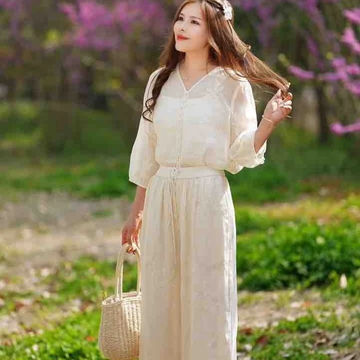 5337晓莲~苎麻双层内包边枫叶刺绣文艺百搭显瘦直筒裤