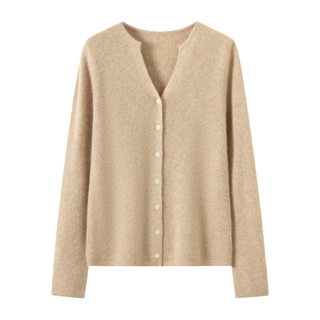 高奢纯牦牛绒细坑条海鸥领开衫柔软百搭气质温柔秋冬针织毛衣