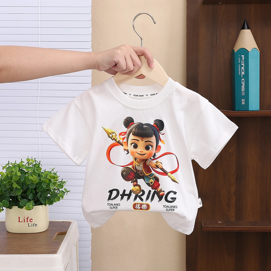 夏季国潮哪吒短袖男女宝宝圆领t恤中小童宽松半袖儿童百搭上衣潮