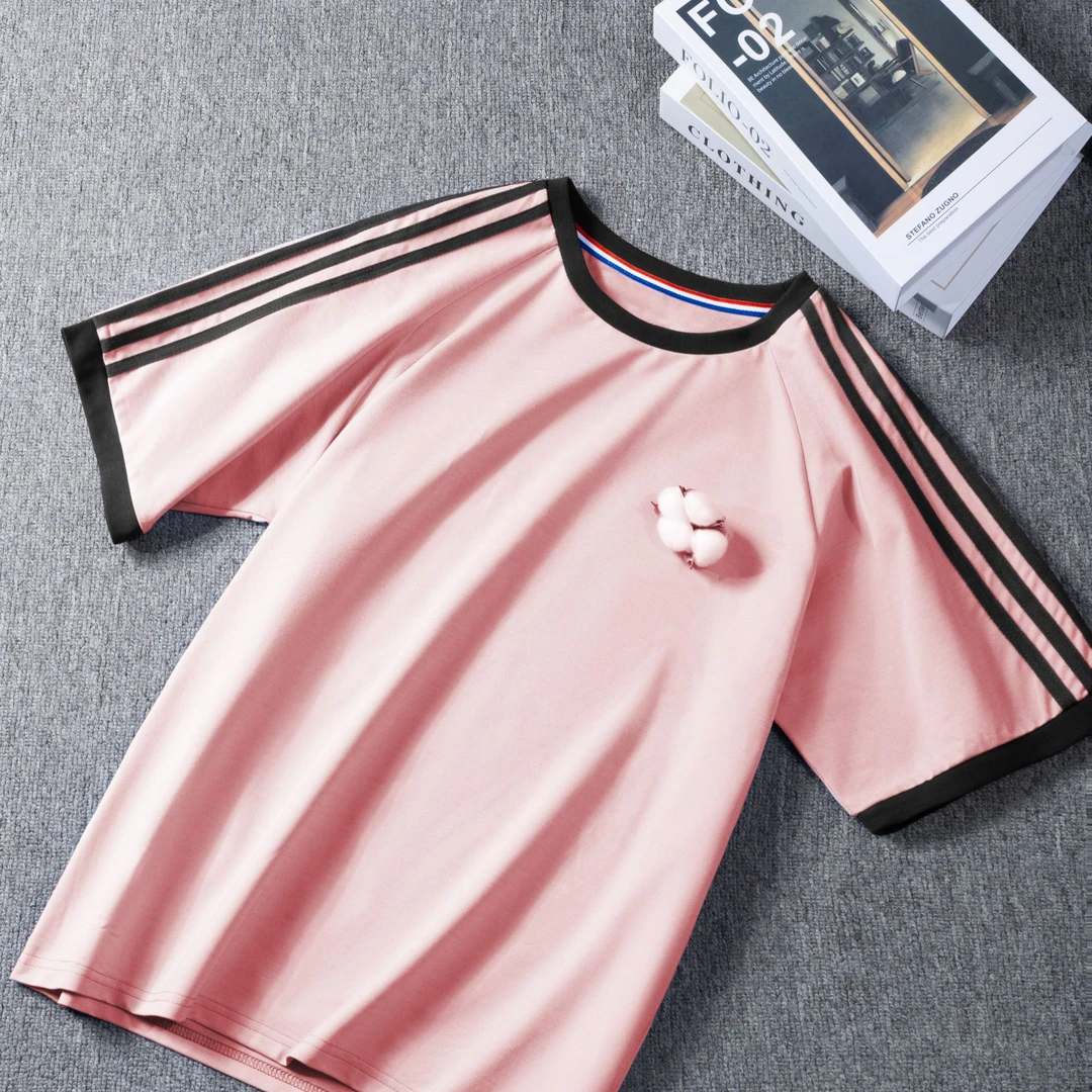 品牌代工厂男女同穿简约短袖 三道杠净 胡粉