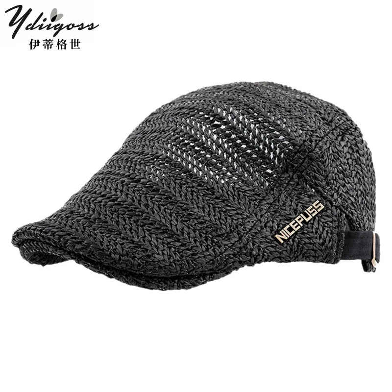 YDIIGOSS草编帽子男士夏季薄款透气黑色贝雷帽户外防晒休闲鸭舌帽