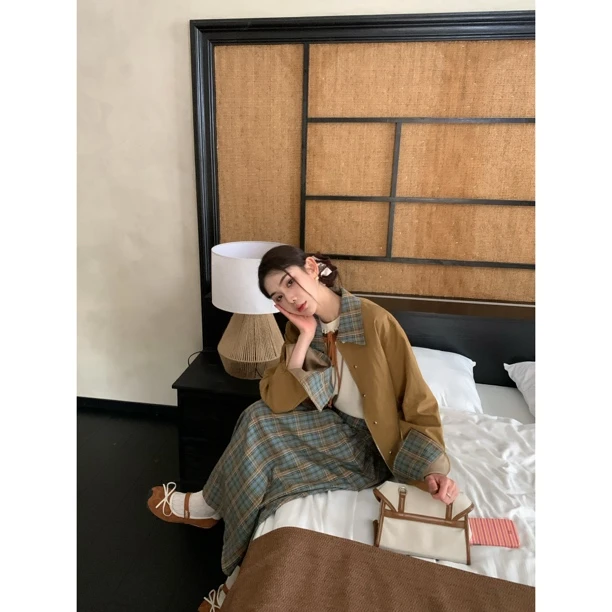 【赵小小& 秋日塞纳河】7638 格纹拼接夹克美式复古宽松小个子外套