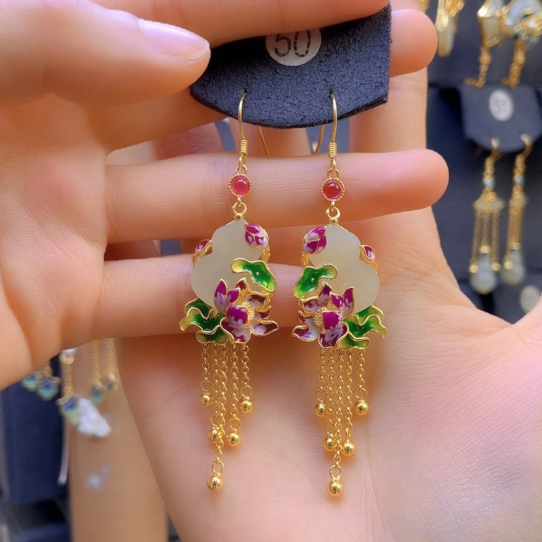 和田玉耳饰银S925镀金镶嵌