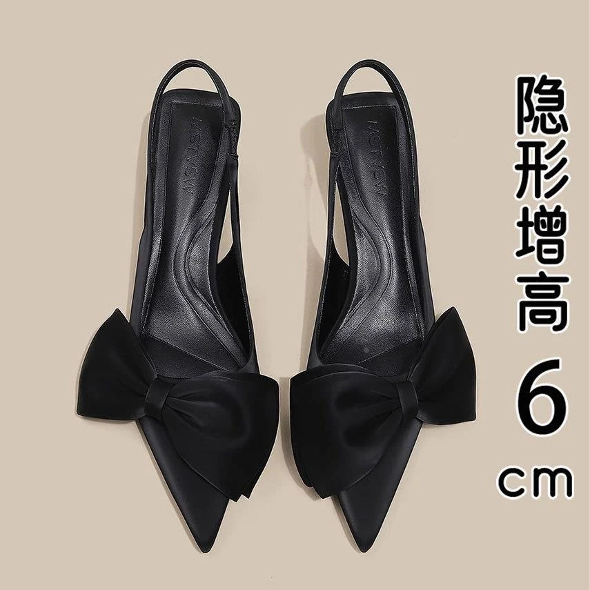 香港正版包头女凉鞋2025夏季新款浅口细跟黑色高跟单鞋带精致蝴蝶
