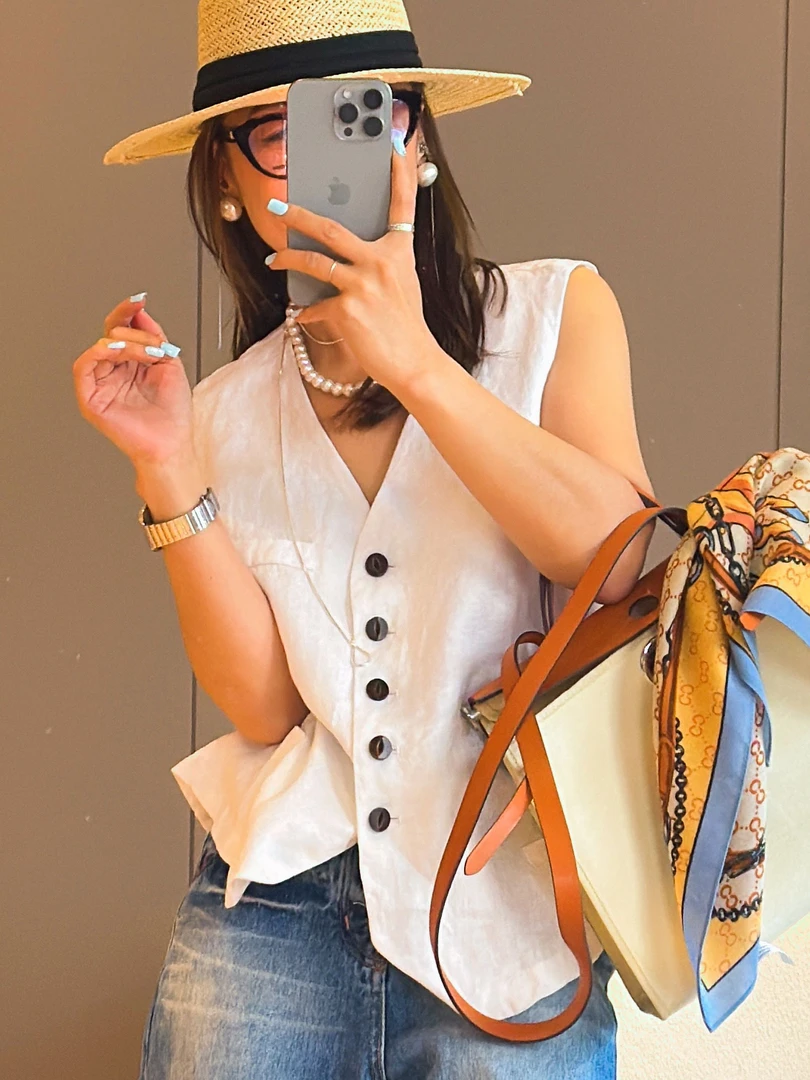 欧货夏季新款无袖显瘦时尚款复古亚麻背心马甲