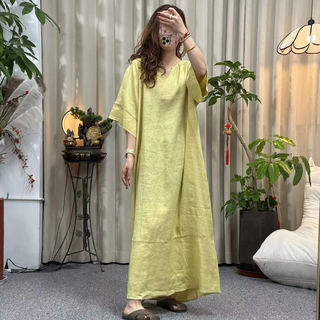 花璟与麻原创亚麻极简主义百搭纯色文艺连衣裙（衣长125胸围135）