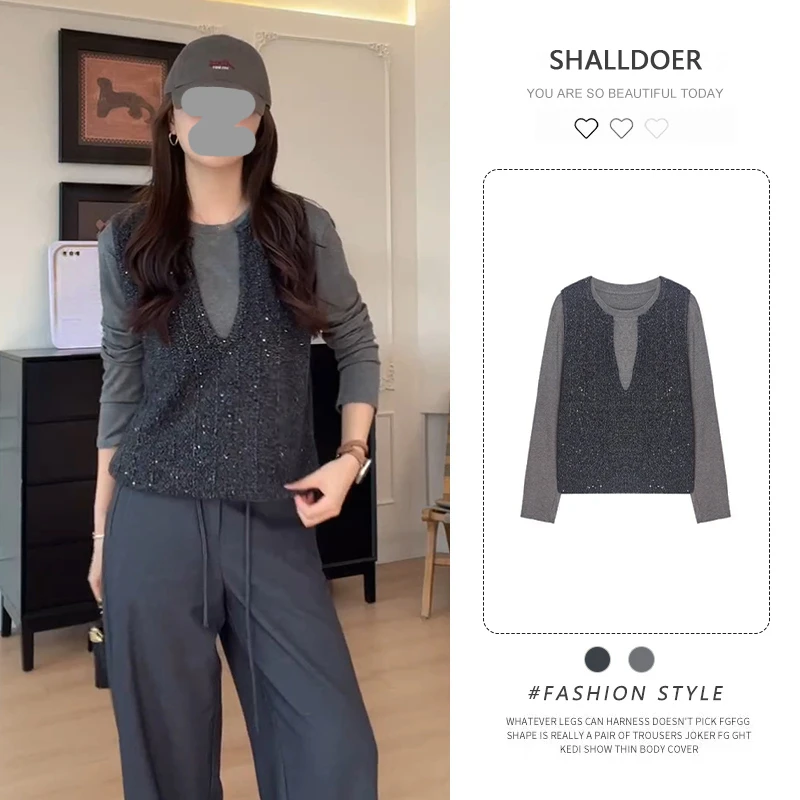 2025秋季新款圆领纯色长袖上衣+时尚百搭无袖马夹两件套女套装