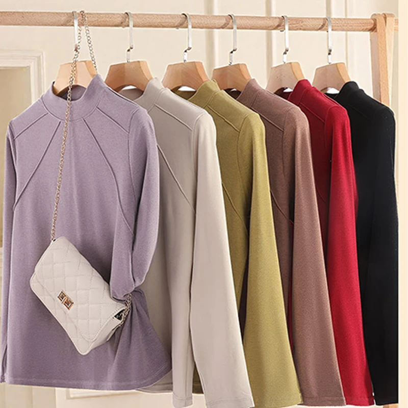 女款修身无痕德绒半高领打底衫初秋季保暖薄款磨毛长袖卫衣
