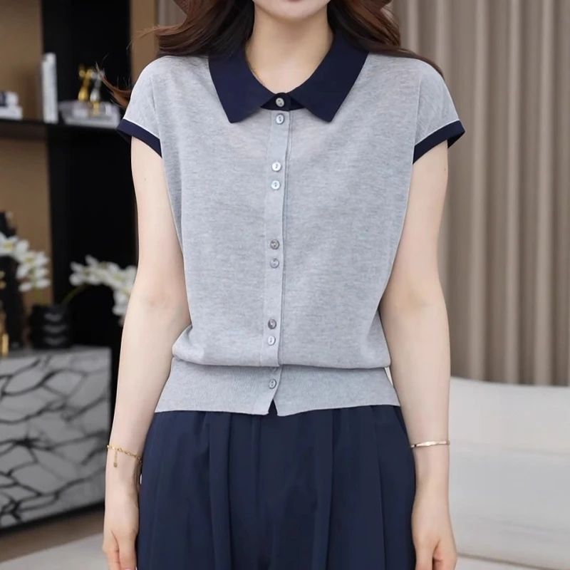 大码胖MM撞色翻领短袖针织衫女2025夏季冰丝t恤简约排扣显瘦上衣