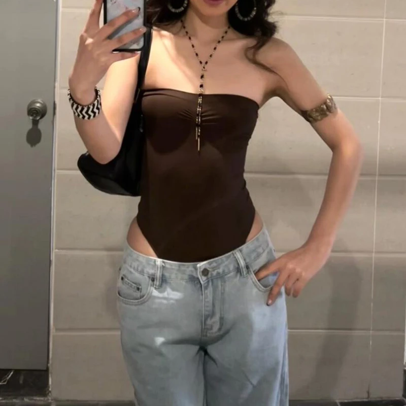 欧美风辣妹抹胸连体衣女百搭收腰性感紧身小众内搭三角塑身上衣