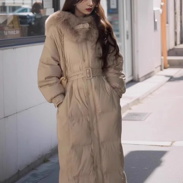 RIXO STREET90白鸭绒加厚收腰羽绒服女保暖过膝长款领外套女冬季