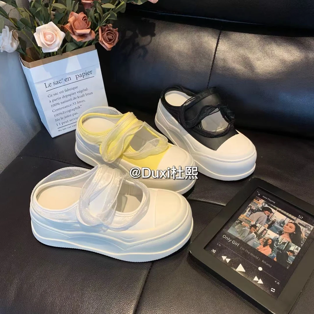 Duxi杜熙2025夏季新款厚底增高半托魔术贴网纱时尚凉鞋透气一脚蹬