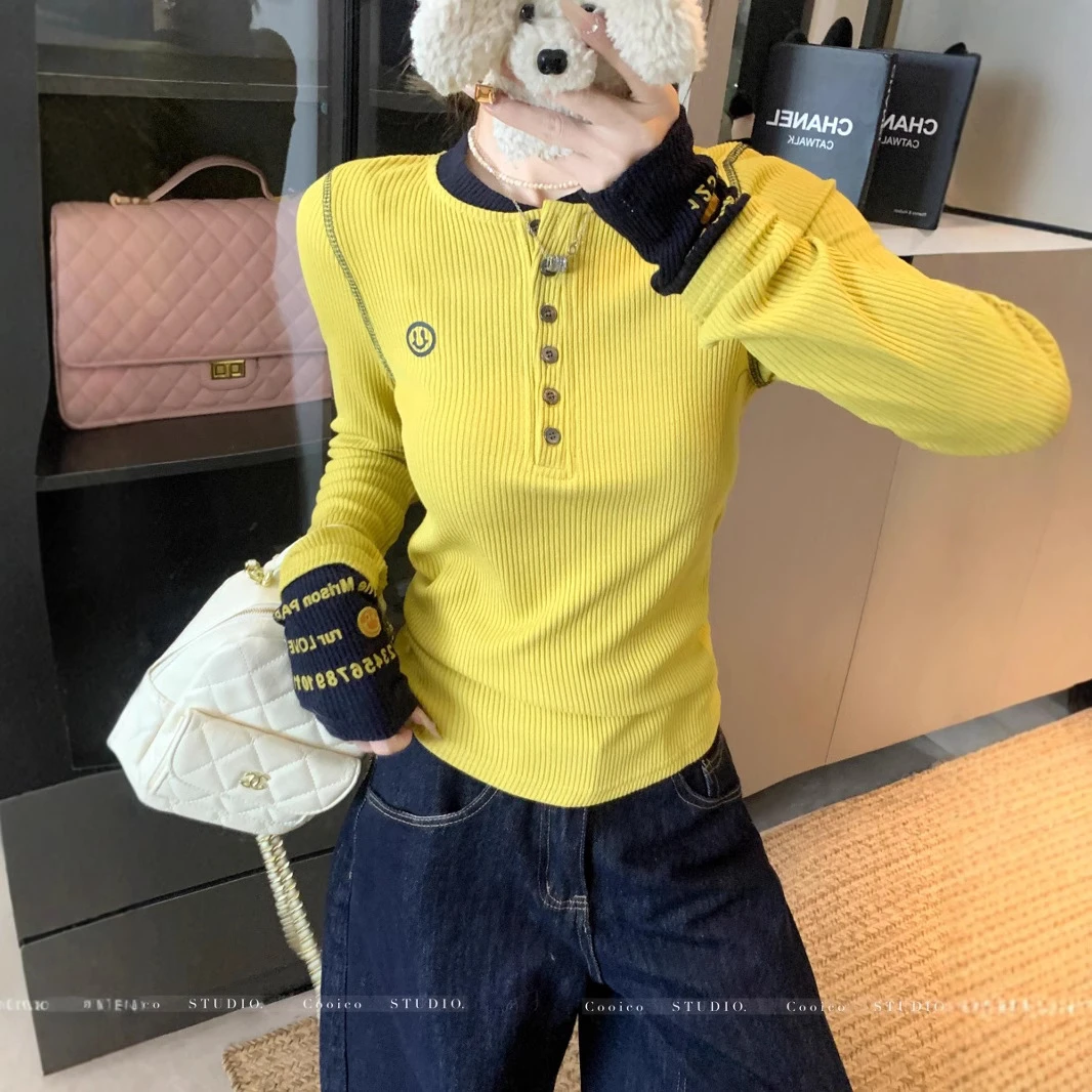 多巴胺撞色针织衫女早春2025设计感刺绣内搭打底毛衣修身显瘦上衣