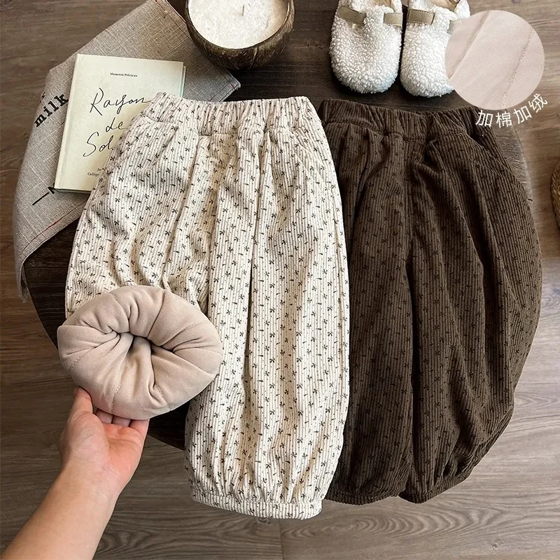 儿童加厚裤子一条过冬碎花保暖棉裤宝宝外穿长裤女童高颜值萝卜裤