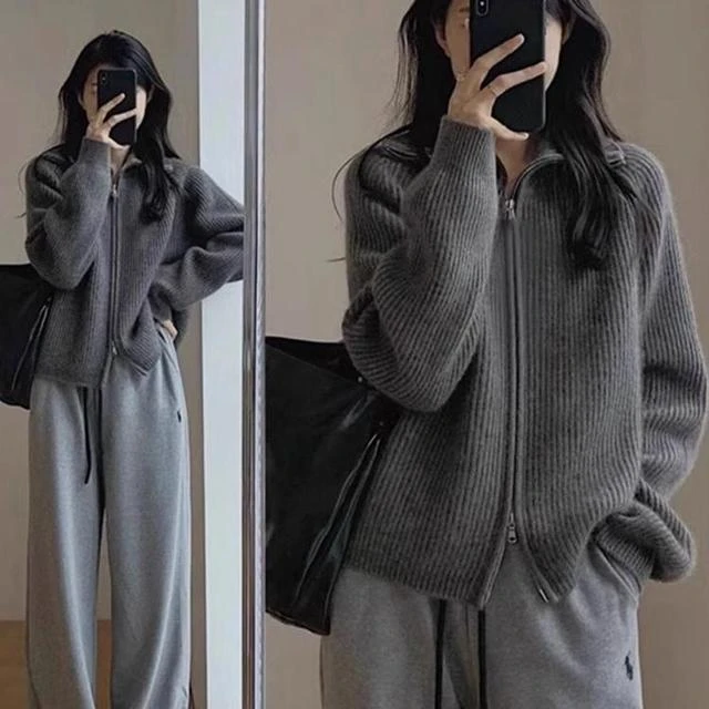 2023灰色拉链高领毛衣女春秋季2025新款爆款内搭慵懒针织开衫外套