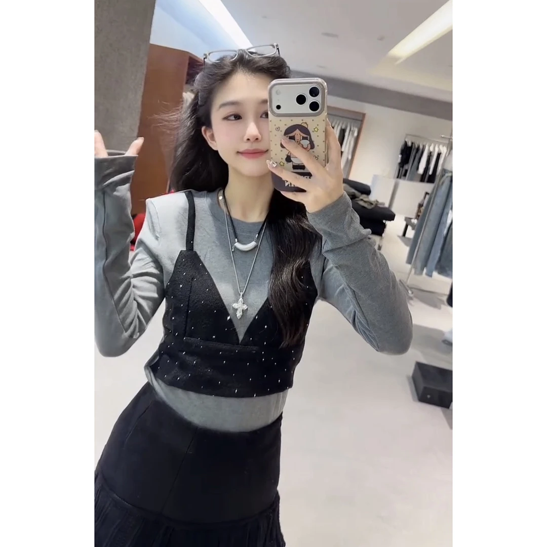 网红欧货重工烫钻拼接假两件T恤女冬季新款百搭洋气撞色打底上衣