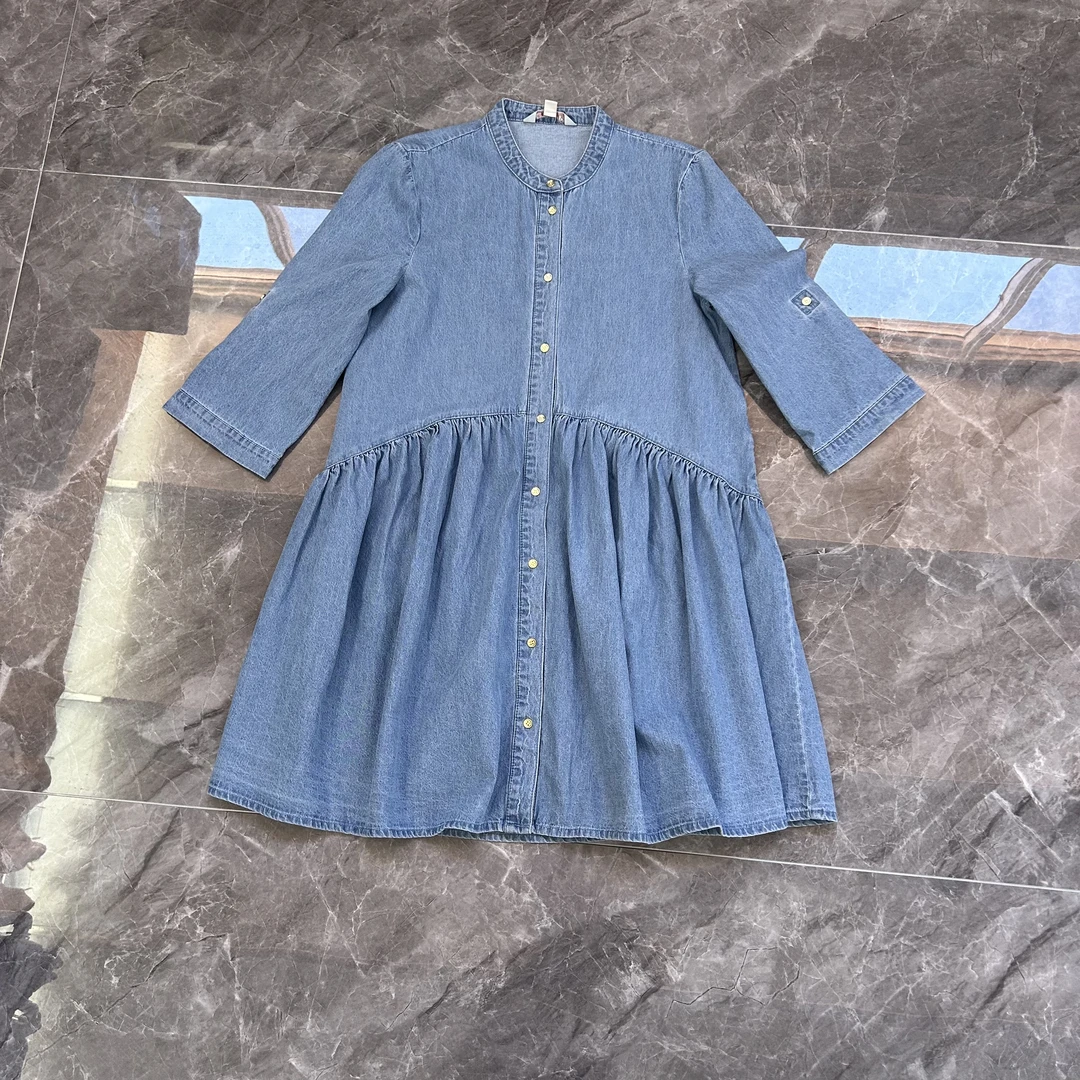 【onlei原单剪标】七分袖立领连衣裙开衫棉质单排扣女士宽松连衣裙