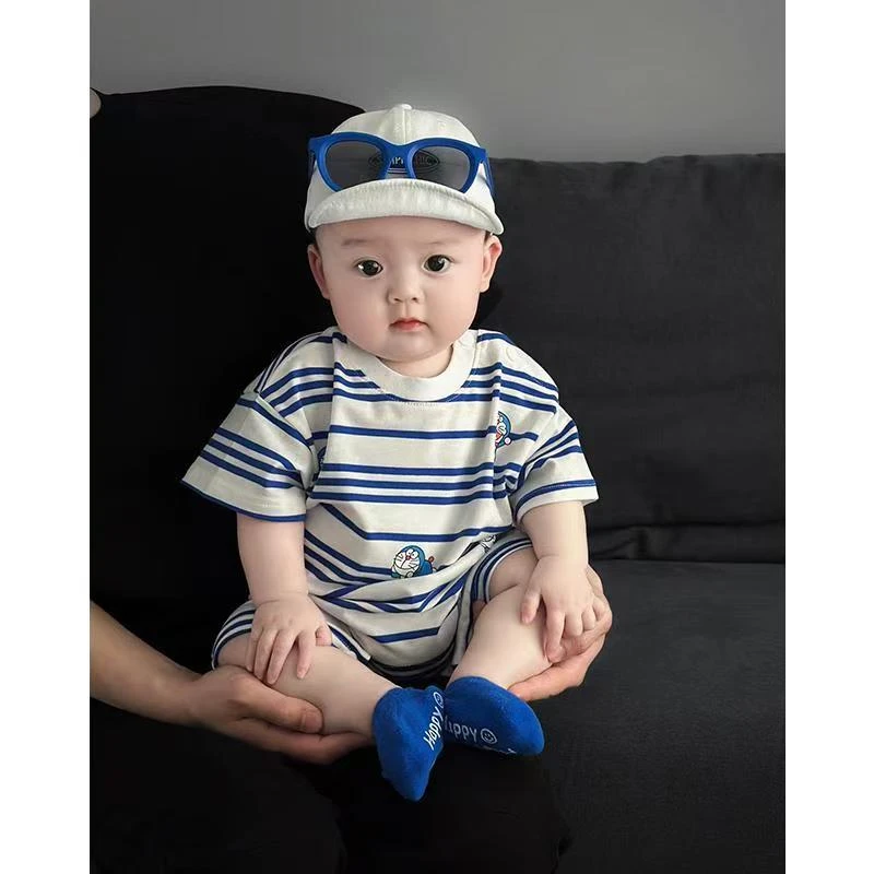 新款哆啦A梦小叮当半袖哈衣婴幼儿薄款条纹印花夏装婴幼儿连体衣
