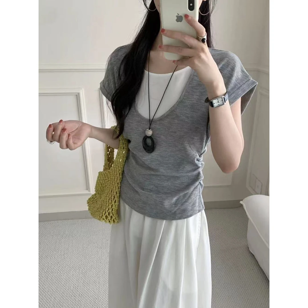 MAMIE【新时代】夏新款假两件褶皱收腰百搭上衣短袖T恤(配吊坠)