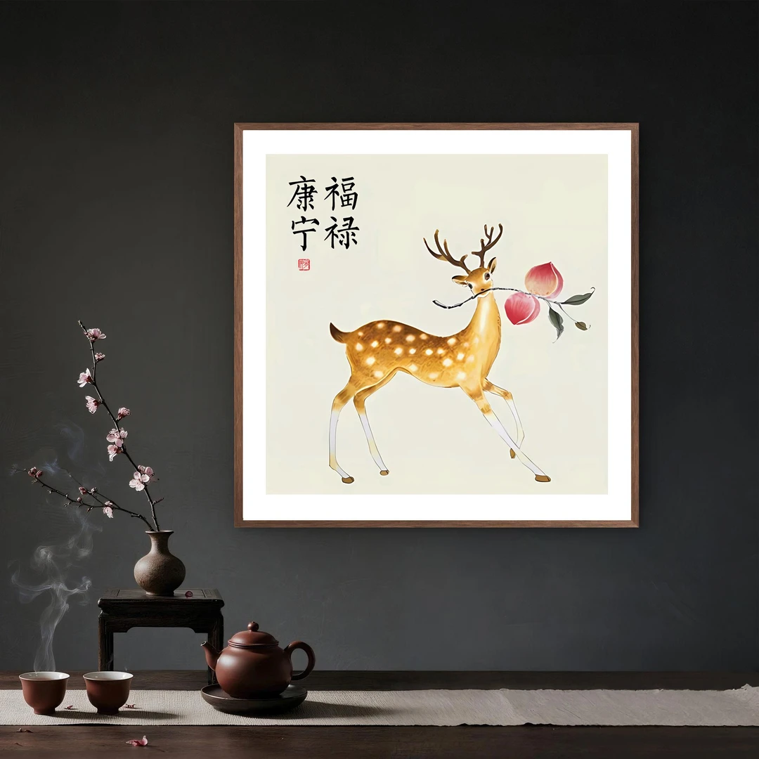 181-50*50新中式福禄双全葫芦鹿画餐厅客厅装饰挂画吉祥富贵寓意