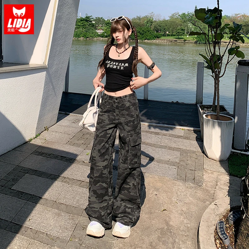 美式辣妹迷彩牛仔工装裤女款爆款2025新款秋季高腰显瘦宽松阔腿裤