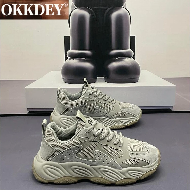 okkdey复古厚底老爹鞋男士健步时尚休闲运动鞋男真皮透气百搭男鞋