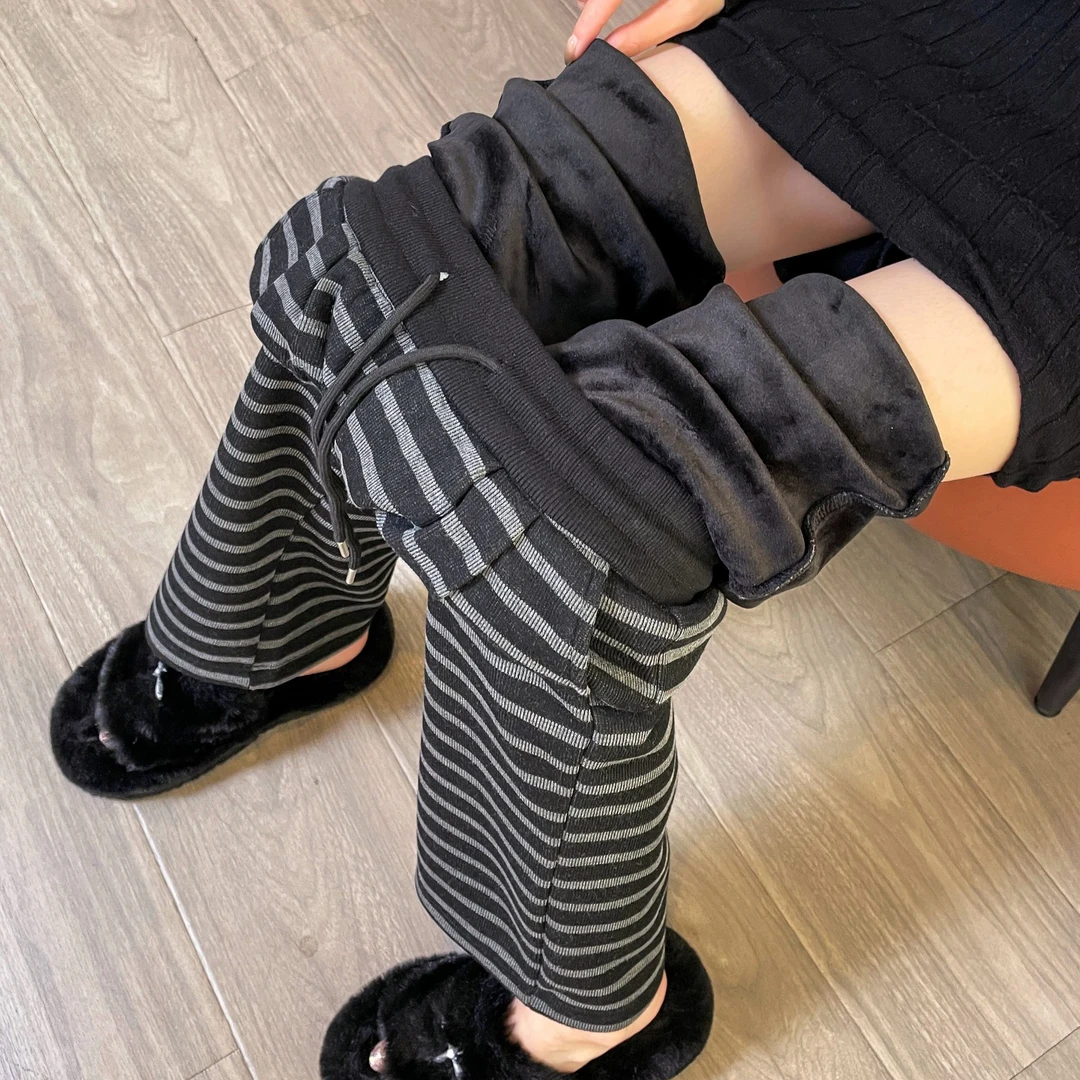 加绒裤子女秋冬季高腰加厚直筒裤保暖条纹运动卫裤棉裤窄版阔腿裤