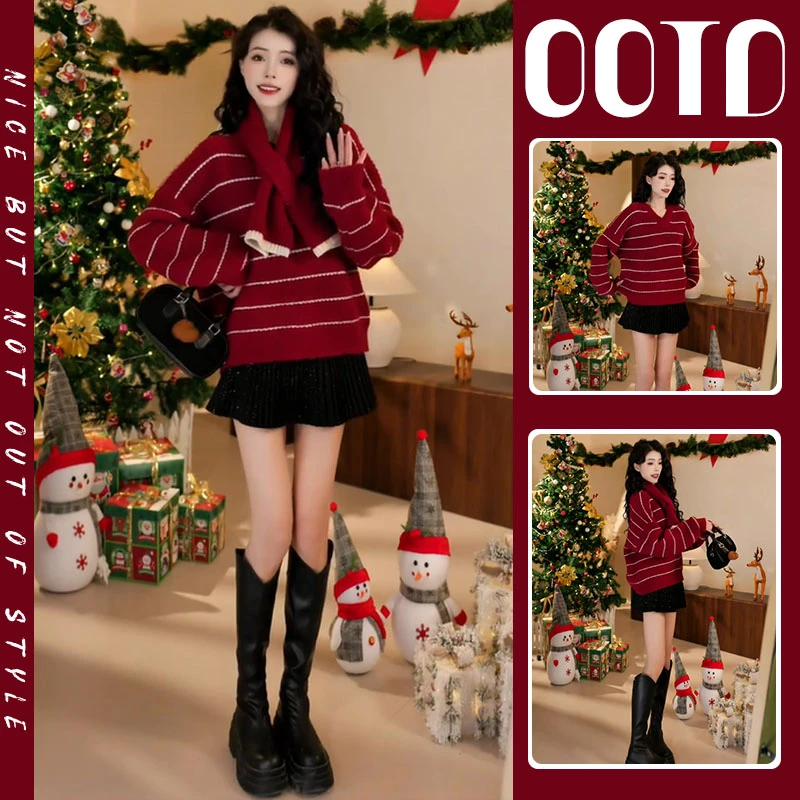 入秋一整套女装2024新款韩版减龄漂亮温柔风条纹毛衣半身裙两件套