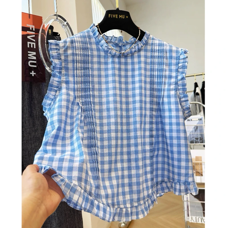 韩系减龄木耳边小飞袖复古撞色格子外穿马甲背心女夏无袖小衫上衣