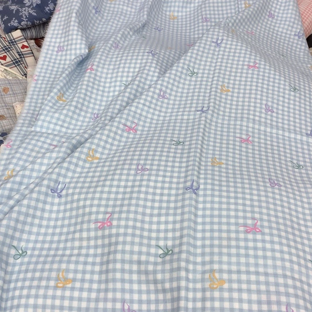 蓝格子彩色蝴蝶结双层纱全棉2.5米宽A类