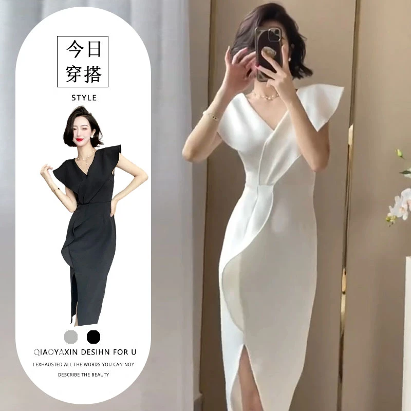 赫本风御姐V领飞飞袖连衣裙女2025夏季新款收腰显瘦开叉礼服长裙