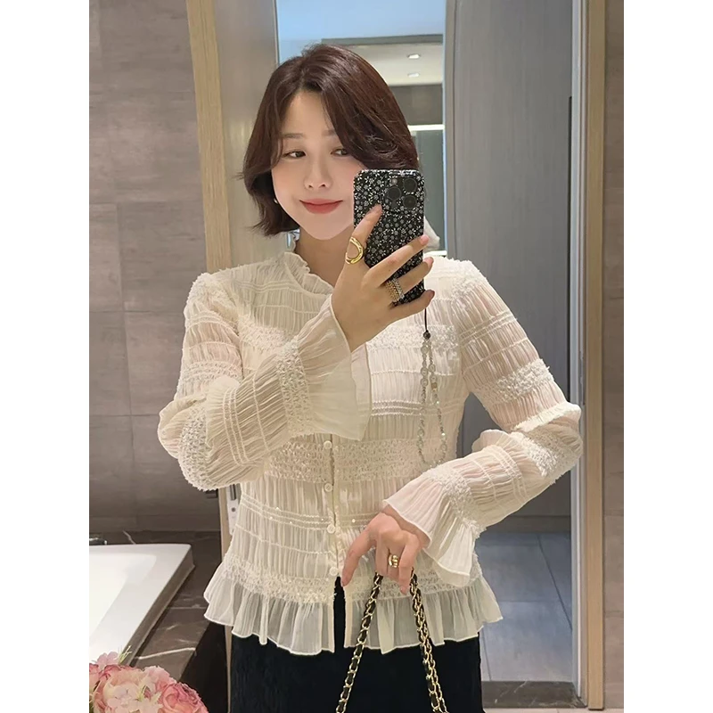 【双11清仓 】【在逃公主】法式气质白色蕾丝小衫Z525E15025