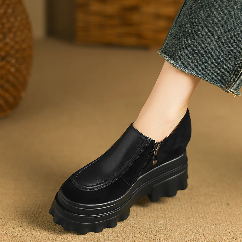 手工真皮内增高女鞋10cm坡跟深口单鞋圆头不累脚小个子厚底乐福鞋