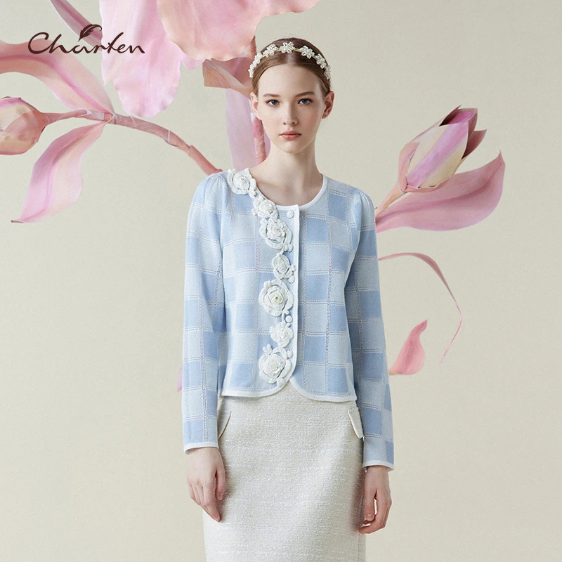 【达人专属】朝峰气质双色格纹提花小香风针织衫CFE1C330-3105C