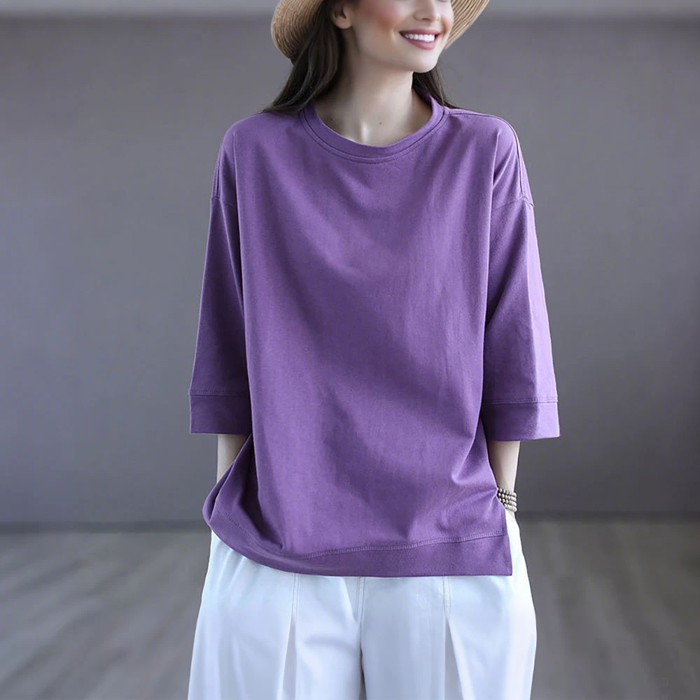 纯棉宽松减龄复古圆领套头七分袖减龄显瘦百搭休闲夏季基础款T恤