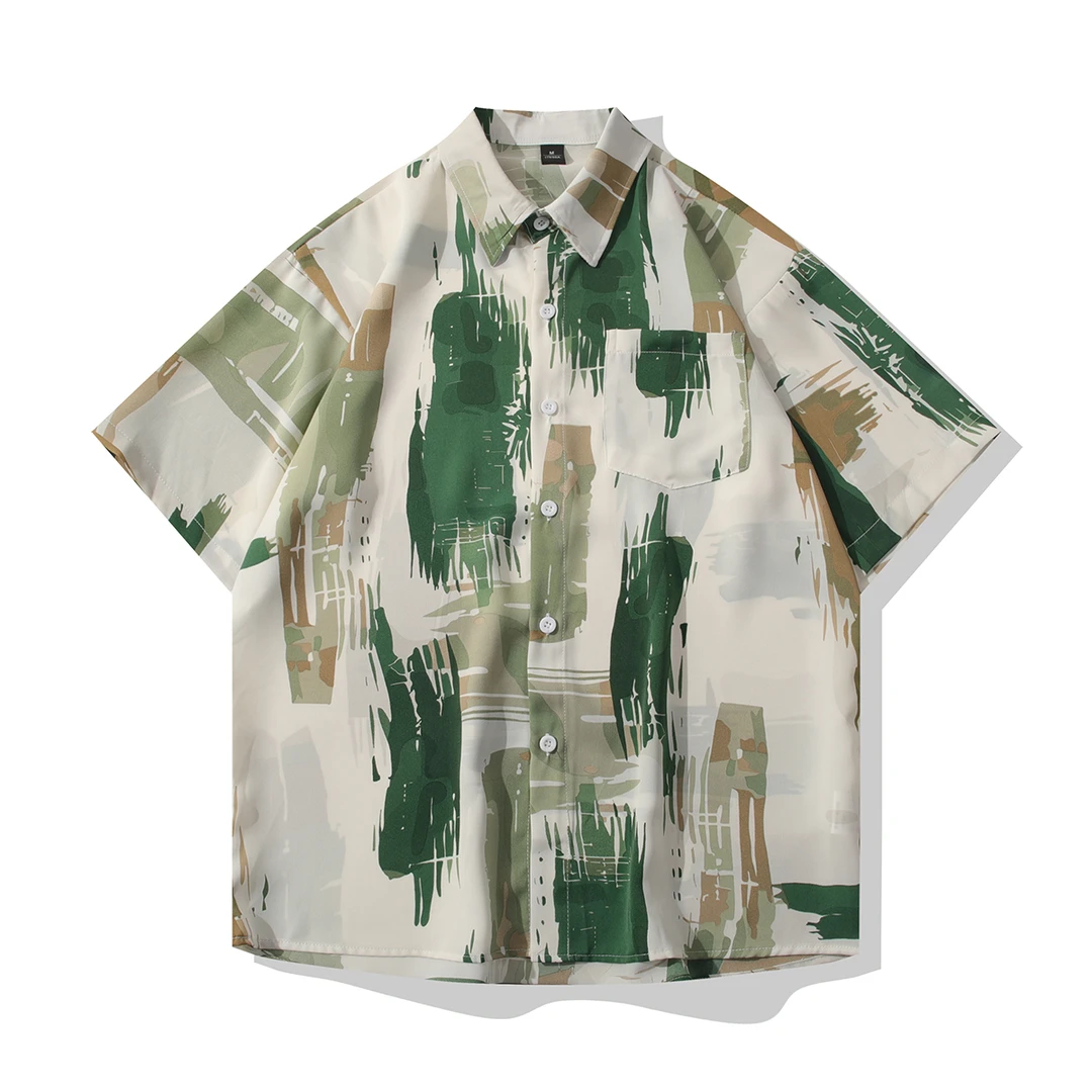 夏季凉感冰丝衬衫男宽松短袖薄款休闲印花衬衣ins日系小众五分袖