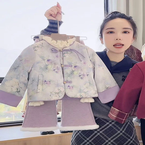 紫气东来！女童新中式唐装套装夹棉国风盘扣外套裤子两件套拜年服