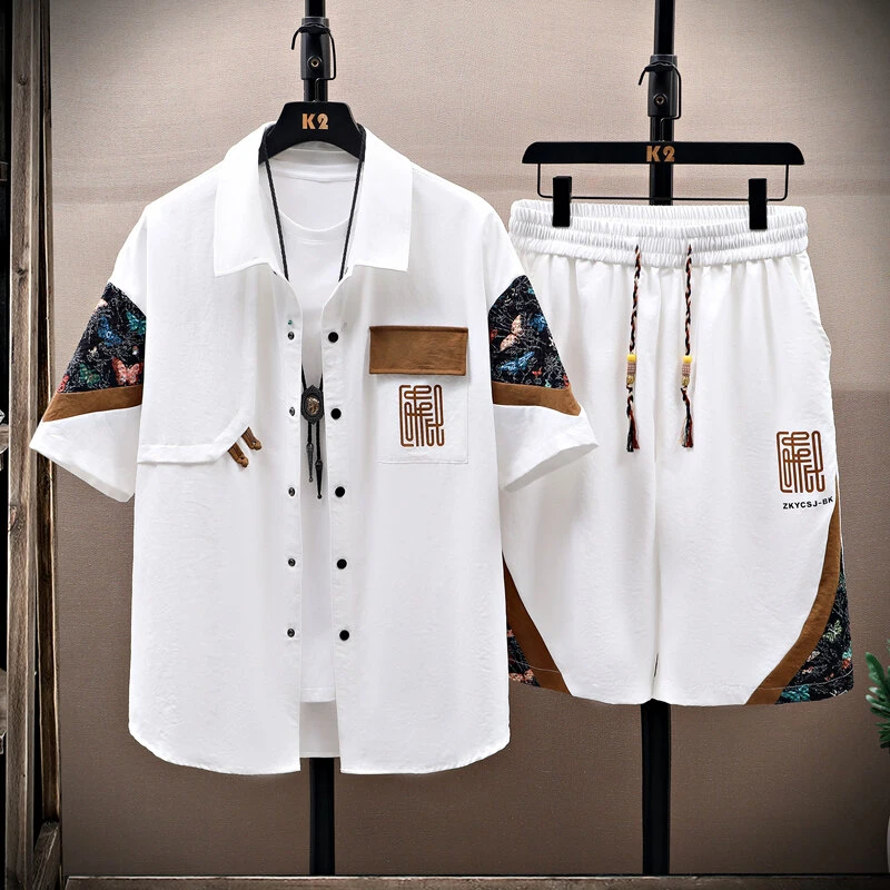 男士宽松短裤衬衫短袖男夏季休闲运动套装时尚半袖韩版大码薄款