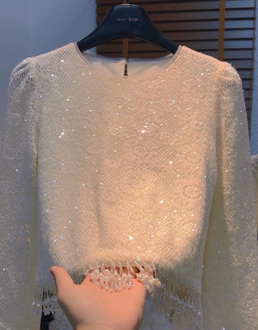 E113重工亮片拼接花边针织衫女夏季新款温柔气质小众防晒镂空罩衫